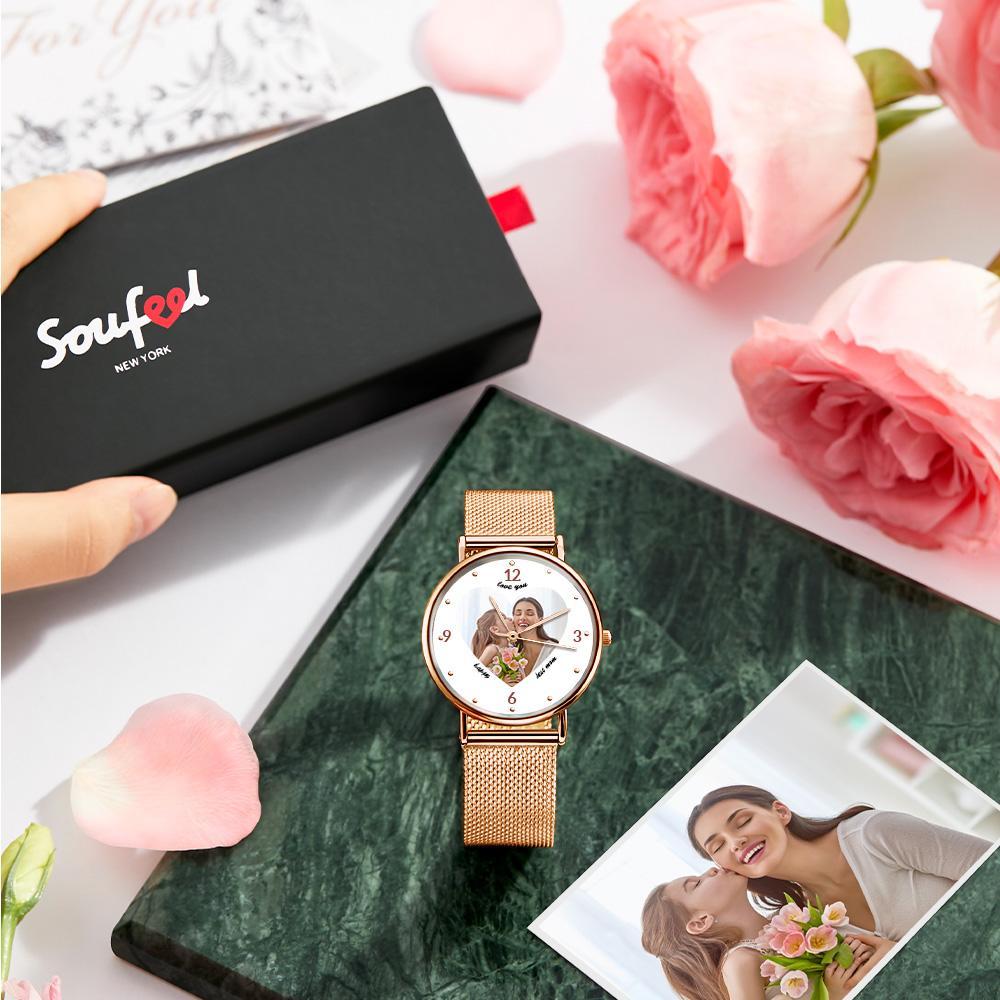 Engraved Rose Gold Alloy Bracelet Photo Watch 36mm Gifts for Mom - soufeelau