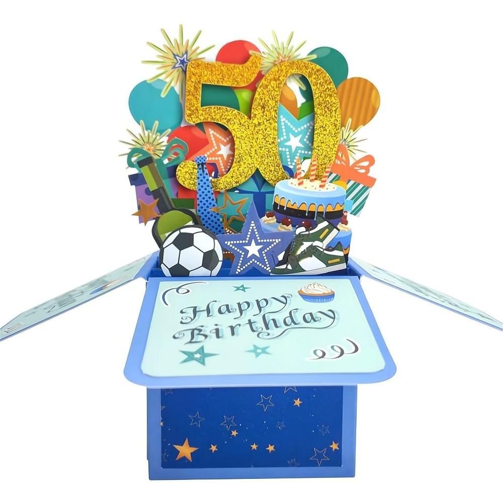 Blue Birthday Pop Up Box Card 50th Birthday 3D Pop Up Greeting Card - soufeelau