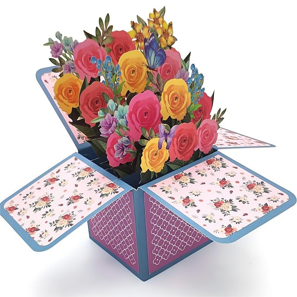 Roses Pop Up Box Card Flower 3D Pop Up Greeting Card - soufeelau