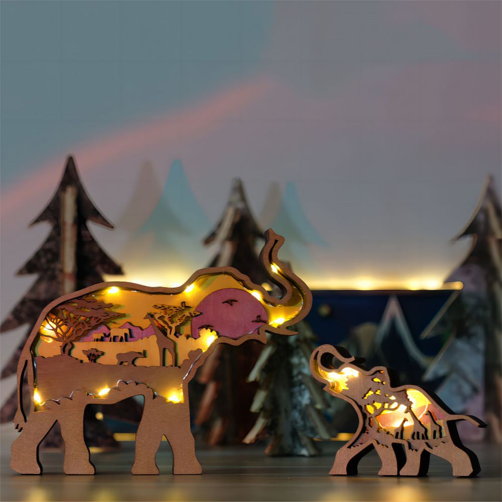 3D Wooden Elephant Light Wooden Carved Cute Animal Desktop Ornaments - soufeelau