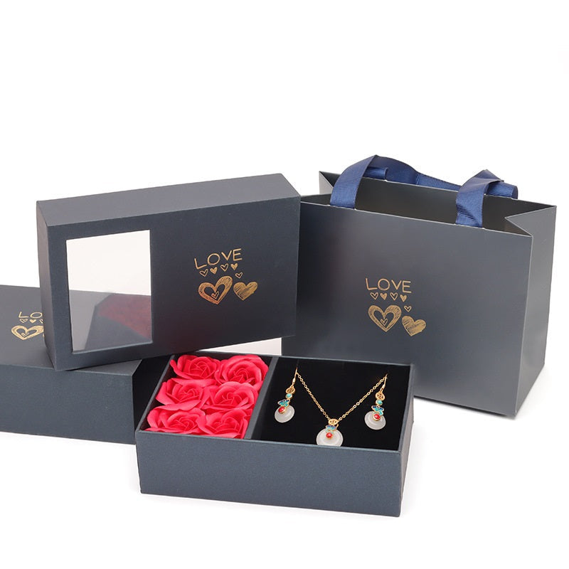 Jewelry Box Rose Window Heaven and Earth Lid 6 Rose Pendant Ring for Her Present - soufeelau