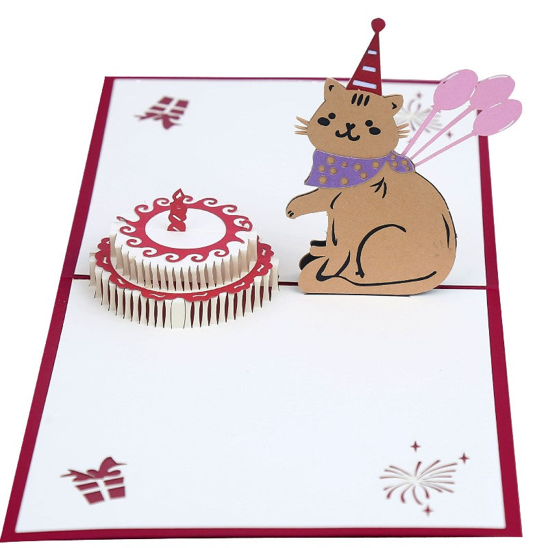 Cat Birthday Card 3D Pop-up Greeting Card Creative Cake Gift Card - soufeelau