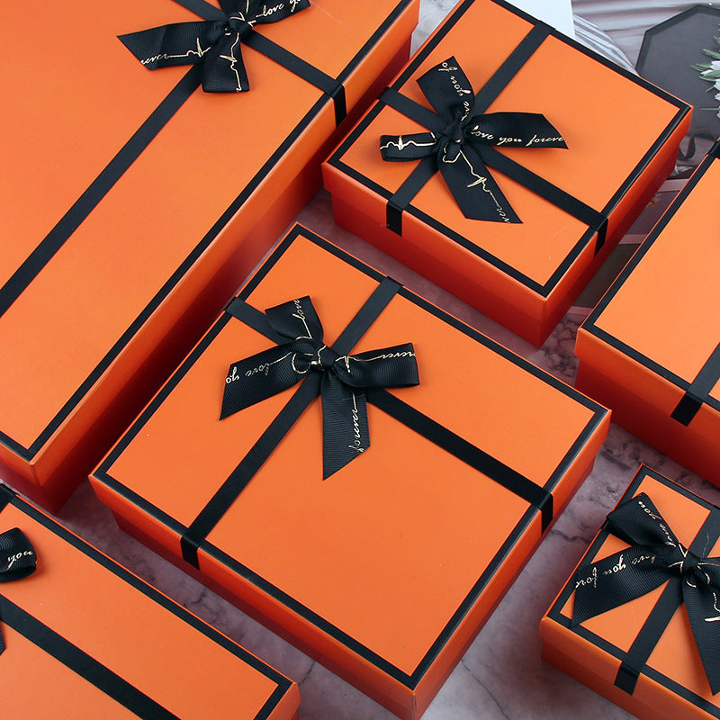 Orange Square Shaped Presentation Gift Box with Bow Ribbon - soufeelau