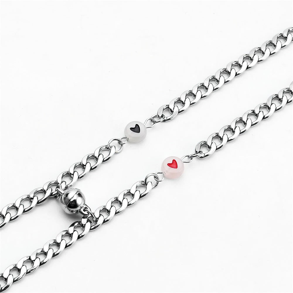 Couple Bracelet Magnet Stainless Steel Chain with Luminous Heart Birthday Gifts Lovers Boyfriend Girlfriend Him Her BFF 2 PCs - soufeelau