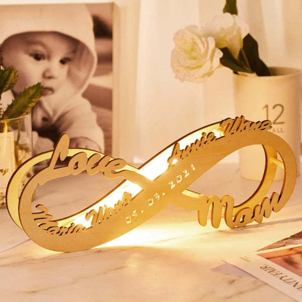 Custom Night light Engraved Infinity Wooden Lamp Desk Decor Personalized Name Sign Light Gift For Her - soufeelau