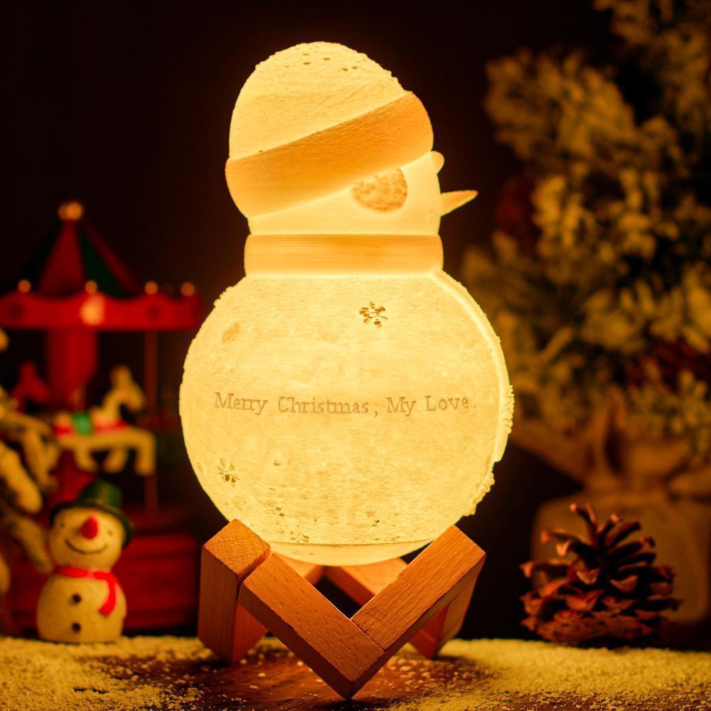 Snowman Lamp, Custom Photo Engraved Night Light Christmas Gift for Lover - Tap Three Colors (Wooden Holder Included)