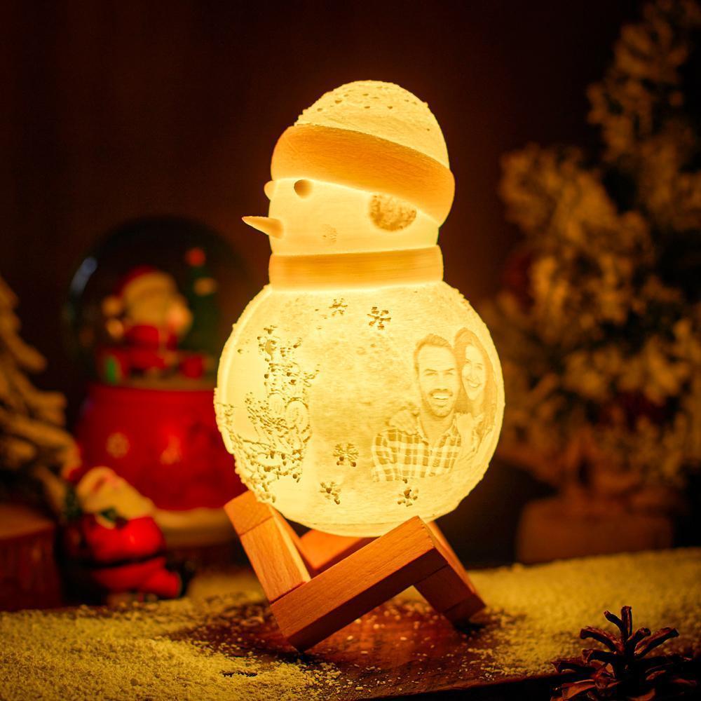 Snowman Lamp, Custom Photo Engraved Night Light Christmas Gift for Lover - Tap Three Colors (Wooden Holder Included)