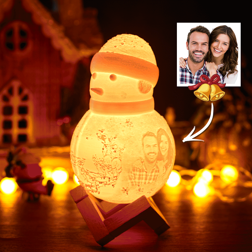 Snowman Lamp, Custom Photo Engraved Night Light Christmas Gift for Lover - Tap Three Colors (Wooden Holder Included)