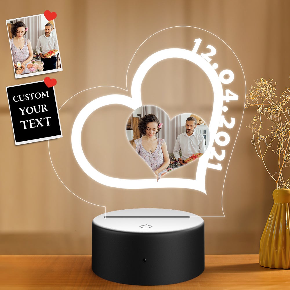 Custom Photo and Date Heart-shape Night Light Personalized Gifts 3D Illusion Heart-shape - soufeelau