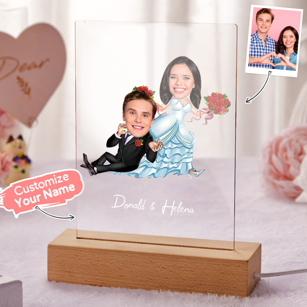 Personalized Couple Photo and Name Acrylic Led Lamp Wooden Base - soufeelau