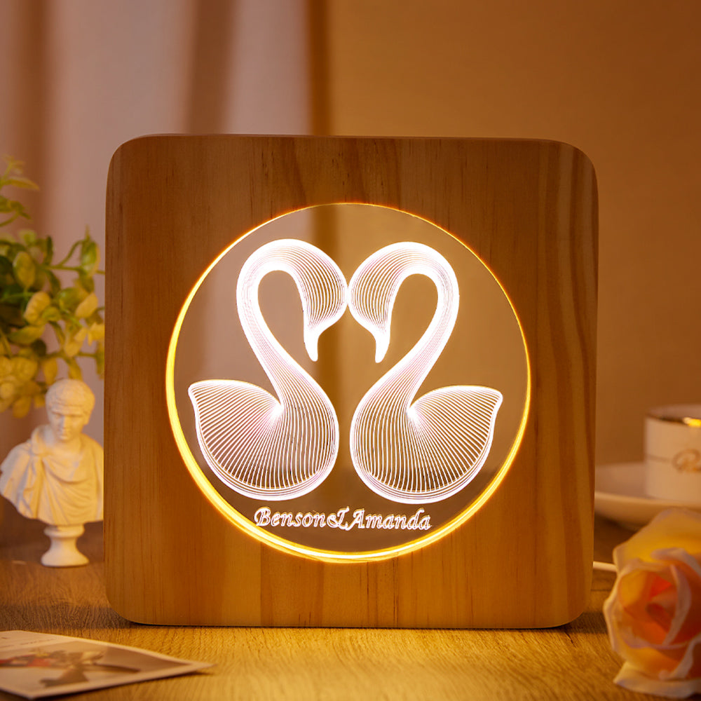 Custom Engraved Night Light Swan Wood Frame Couple Gifts - soufeelau