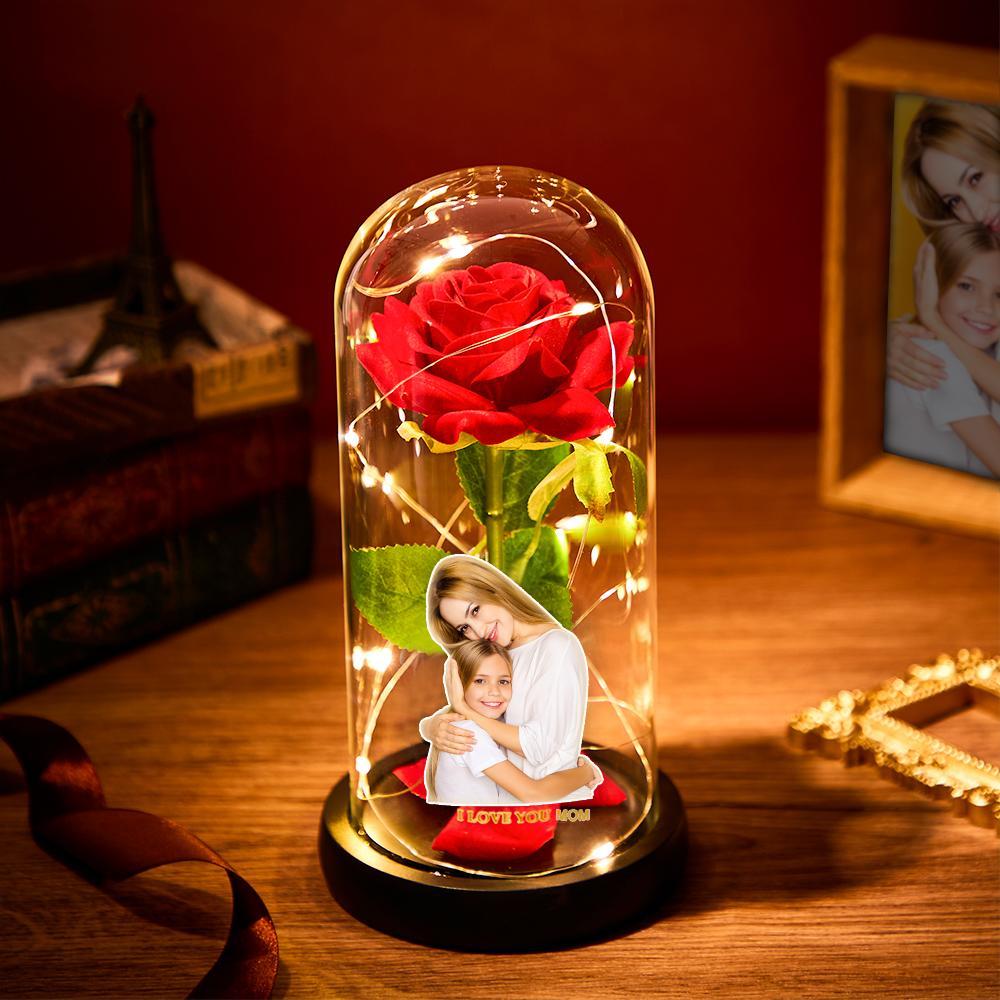 Custom Photo Text Eternal Rose Flower LED Night Light Romantic Simulation Eternal Rose Flower Glass Cover for Mother's Day - soufeelau