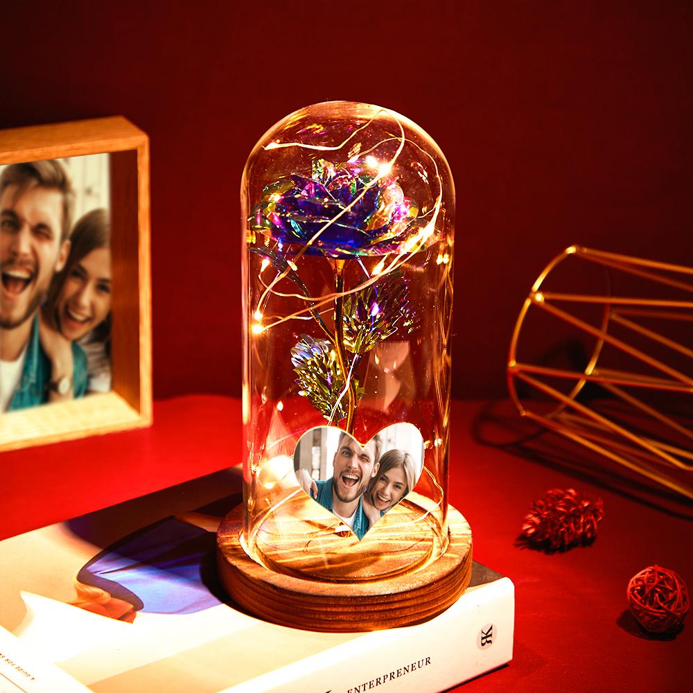 Custom Heart-shaped Photo Eternal Colorful Rose Flower LED Night Light Romantic Simulation Eternal Rose Flower Glass Cover for Anniversary Couple Gift - soufeelau