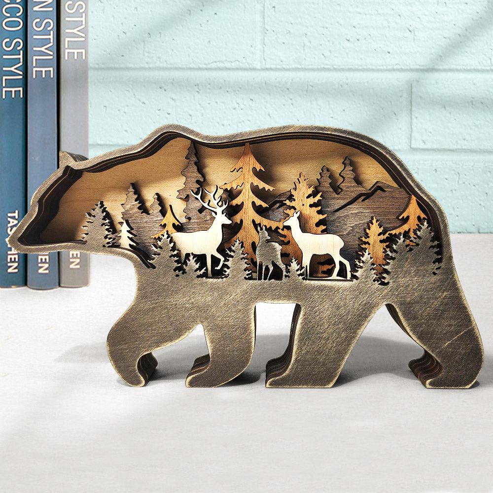 Animal Wooden Statue Home Ornament Multi layer Woodland Bear Silhouette Decor for Shelf Table Wood Statue - soufeelau