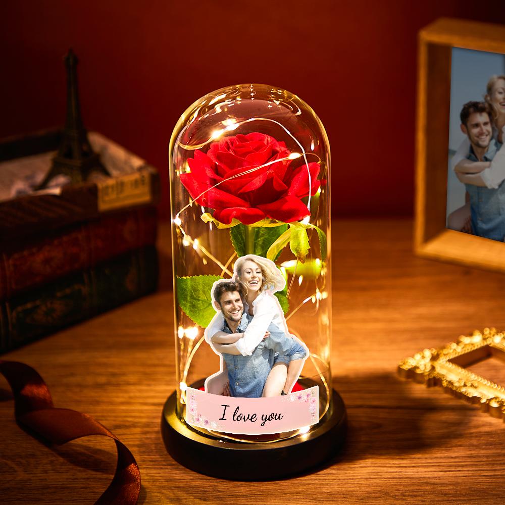 Custom Photo Text Eternal Rose Flower Glass Cover LED Night Light Romantic Simulation Gift For Her - soufeelau