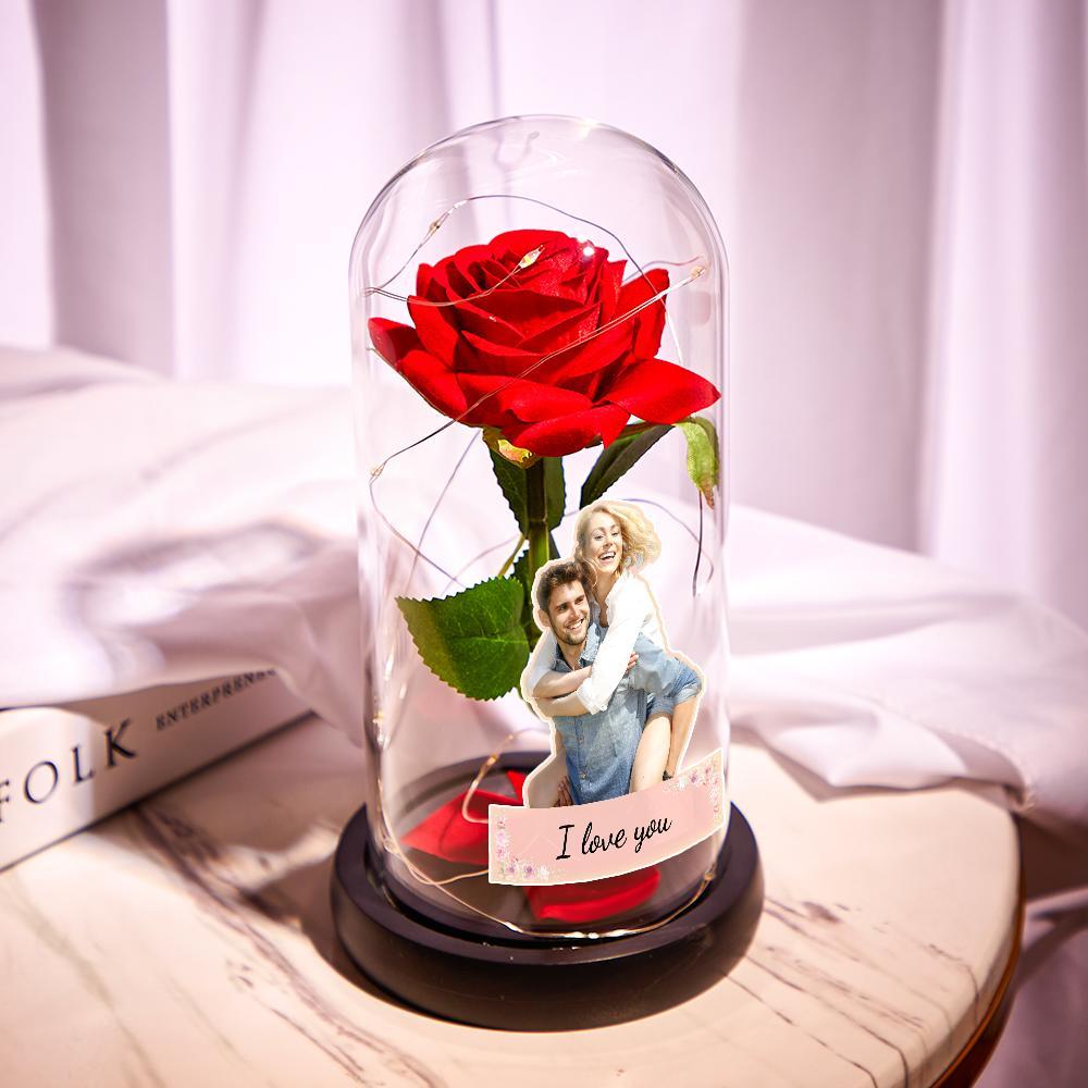 Custom Photo Text Eternal Rose Flower Glass Cover LED Night Light Romantic Simulation Gift For Her - soufeelau