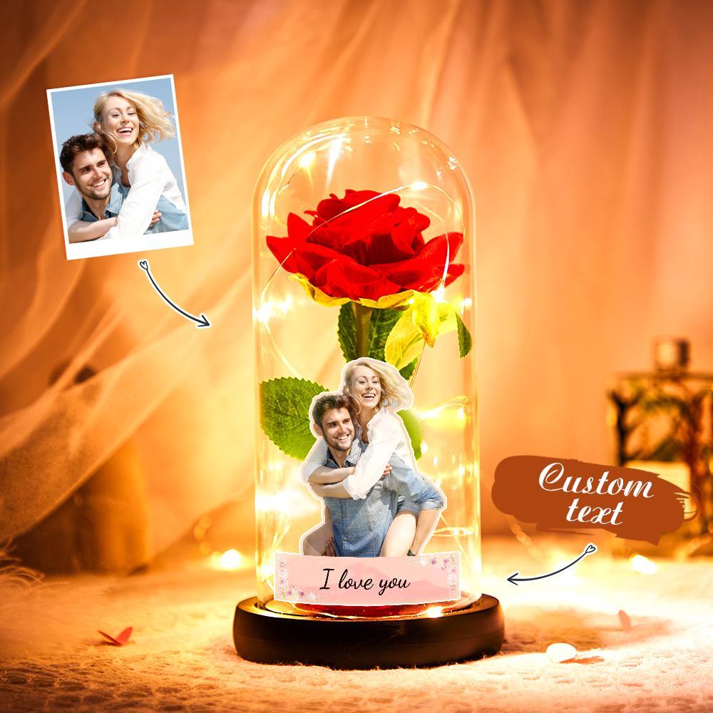 Custom Photo Text Eternal Rose Flower Glass Cover LED Night Light Romantic Simulation Gift For Her - soufeelau