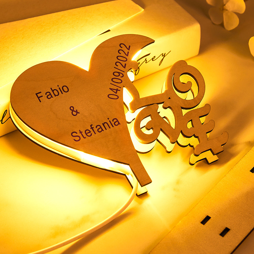 Custom Engraved Night Light Heart-shaped Love Wooden Night Light Anniversary Gift - soufeelau