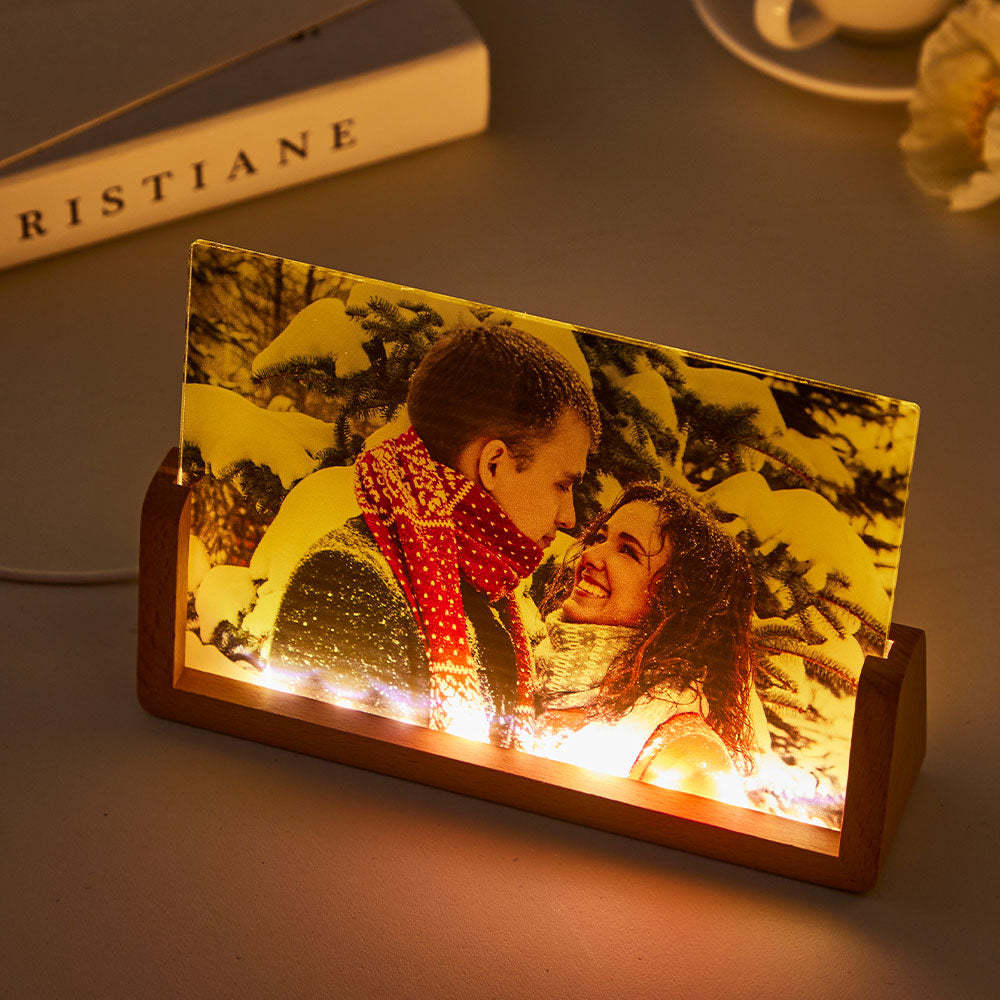 Custom Photo Night Light Personalized Acrylic Wooden Lamp Anniversary Gift - soufeelau