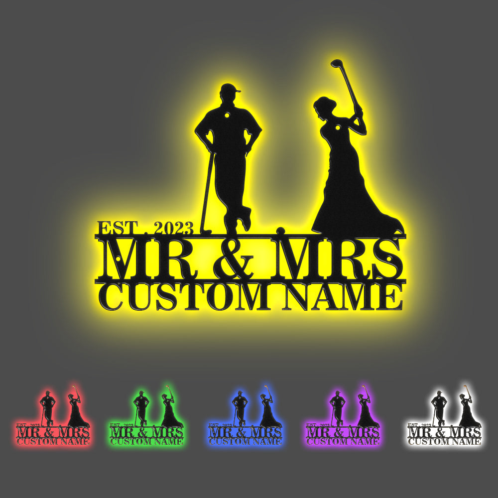 Custom Golfer Couple Metal Wall Art Personalized Couple Name LED Lights Decor Gift for Anniversary - soufeelau