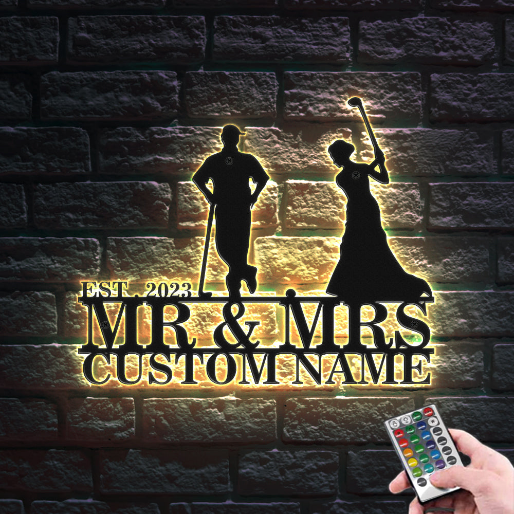 Custom Golfer Couple Metal Wall Art Personalized Couple Name LED Lights Decor Gift for Anniversary - soufeelau