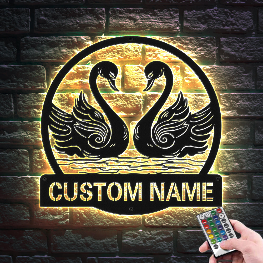 Custom Swan Signs Metal Wall Art Personalized Couple LED Lights Decor Gift for Lover - soufeelau