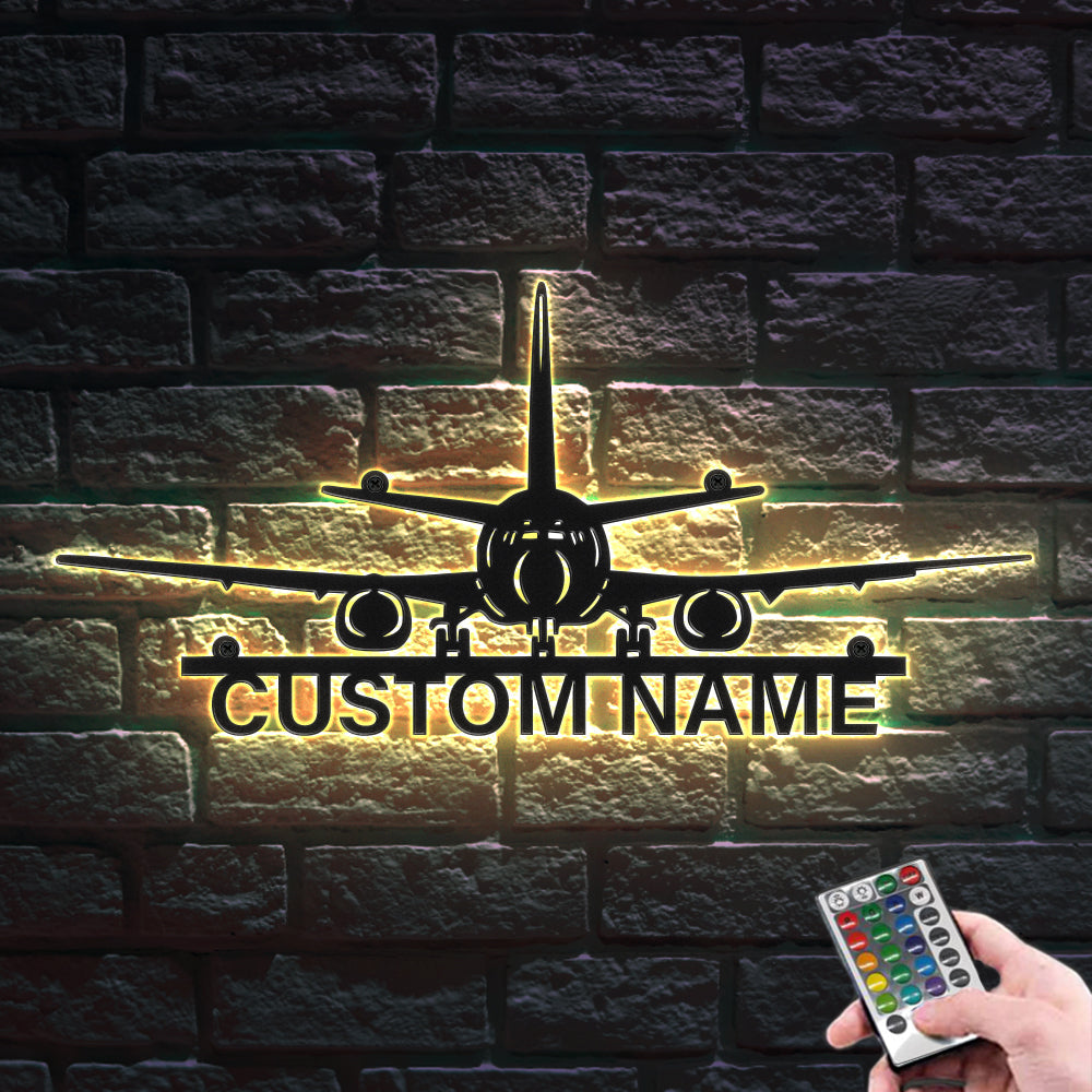 Custom Name Airplane Signs LED Lights Metal Wall Art for Home Decor Gift - soufeelau