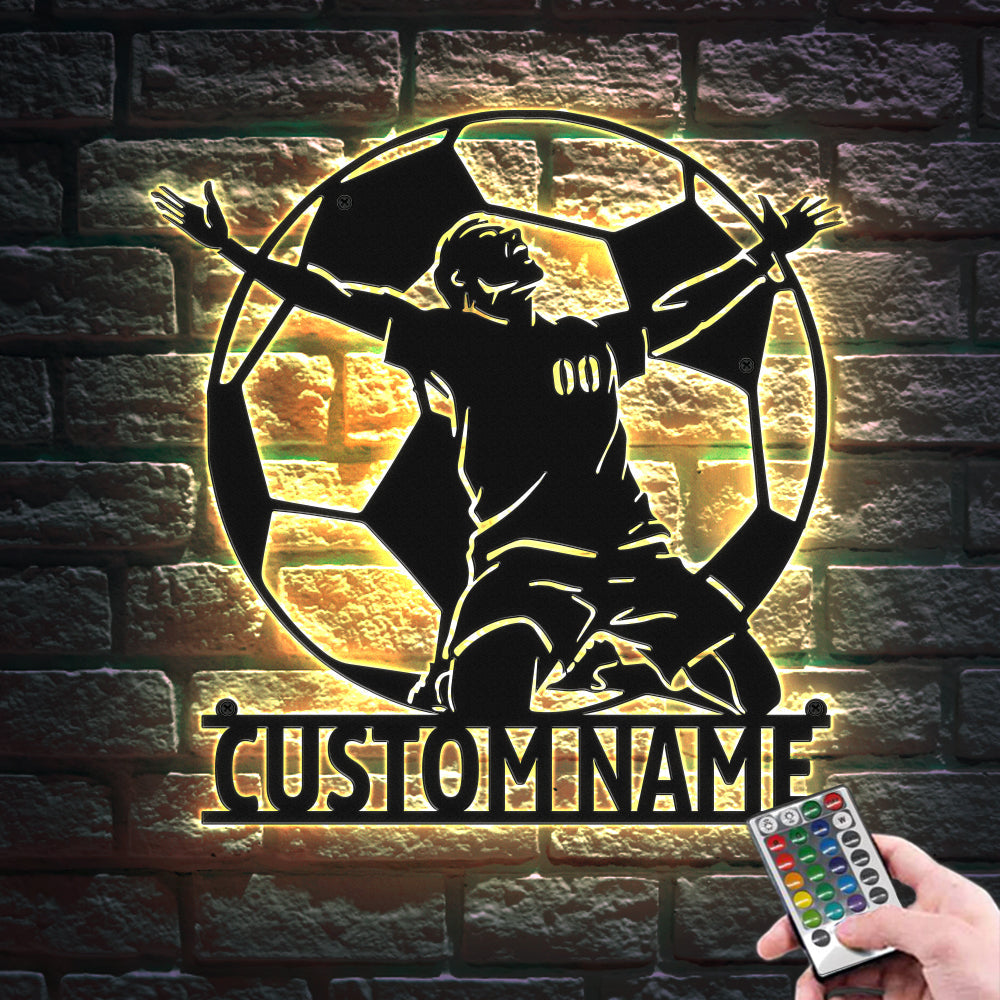 Custom Soccer Signs Metal Wall Art Football Player LED Lights Decor Gift for Him - soufeelau