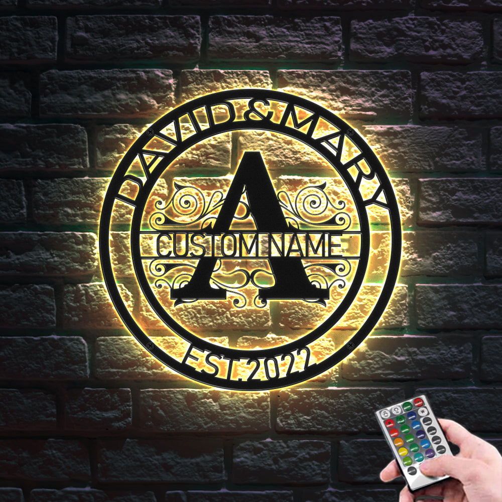 Custom Round Monogram Name Signs Metal Wall Art LED Lights Home Decor Gift - soufeelau