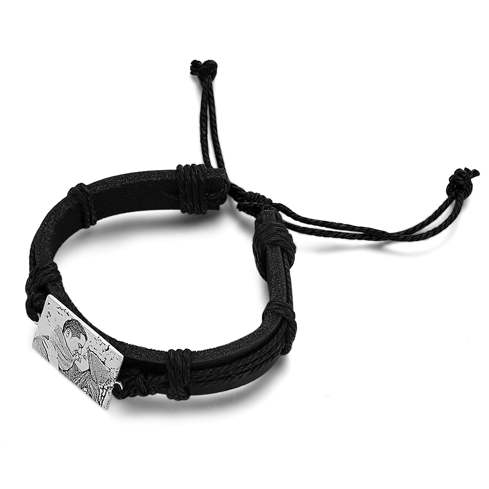 Men's Leather Bracelet Rectangle Photo Engraved Tag Bracelet Black Leather Strap
