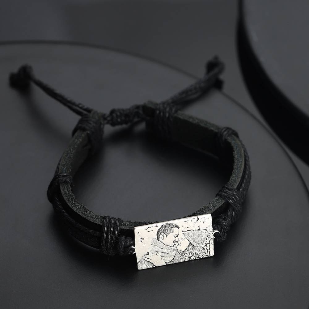 Men's Leather Bracelet Rectangle Photo Engraved Tag Bracelet Black Leather Strap
