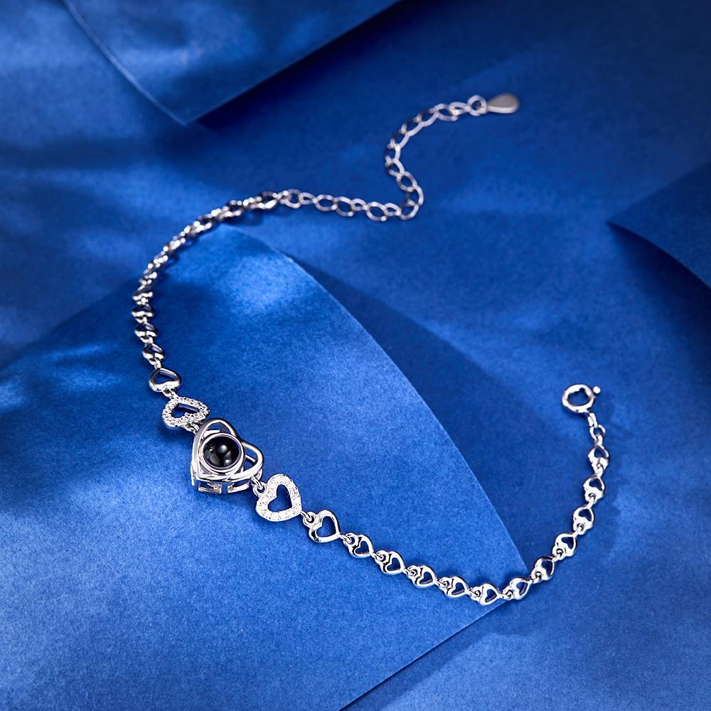 Custom Photo Projection Heart Link Bracelet Personalized Sterling Silver Bracelet - soufeelau