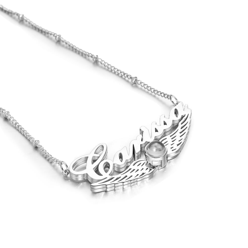 Angel Wing Projection Necklace with Name Customized Memorial Photo Name Pendant Personalized Picture Inside Jewelry - soufeelau