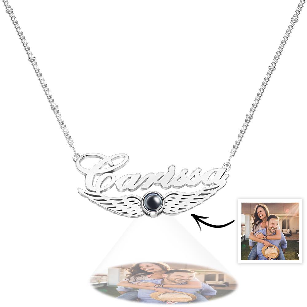 Angel Wing Projection Necklace with Name Customized Memorial Photo Name Pendant Personalized Picture Inside Jewelry - soufeelau