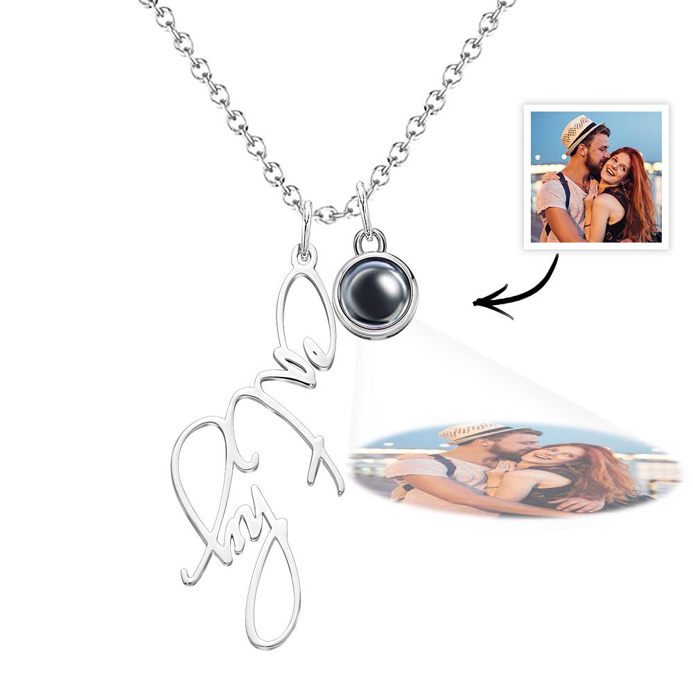 Personalized Photo Projection Custom Name Pendant Necklace in Silver Gold Rose Gold and Elegant Cable Style Chain - soufeelau