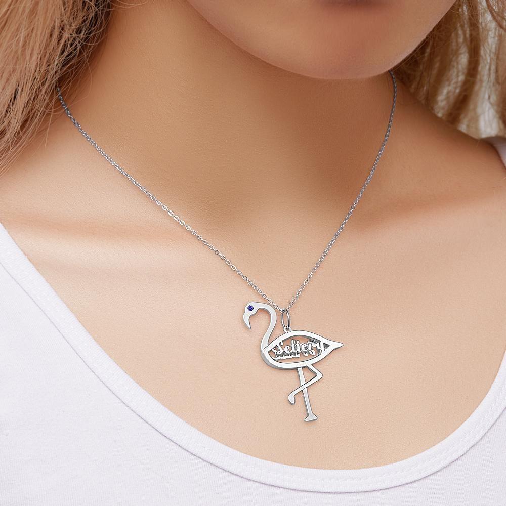Name Necklace with Birthstone Necklace Flamingo Pendant Unique Gifts Silver