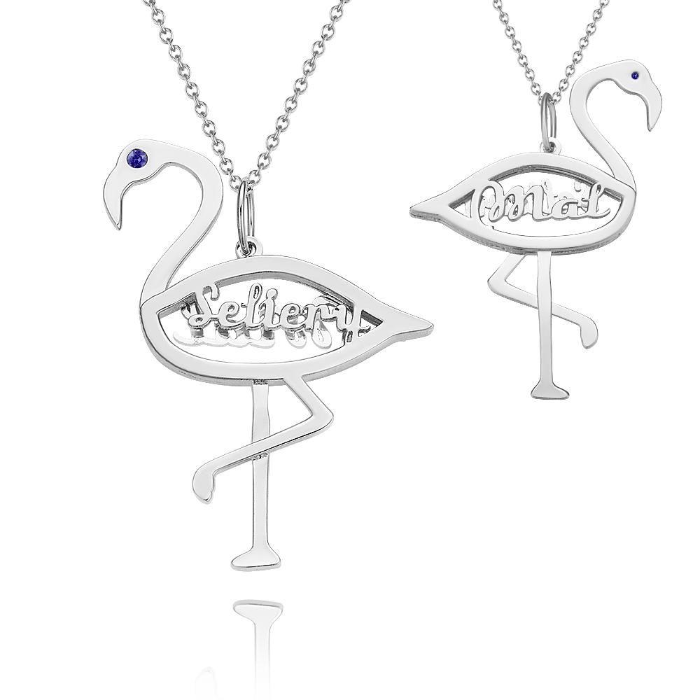 Name Necklace with Birthstone Necklace Flamingo Pendant Unique Gifts Silver
