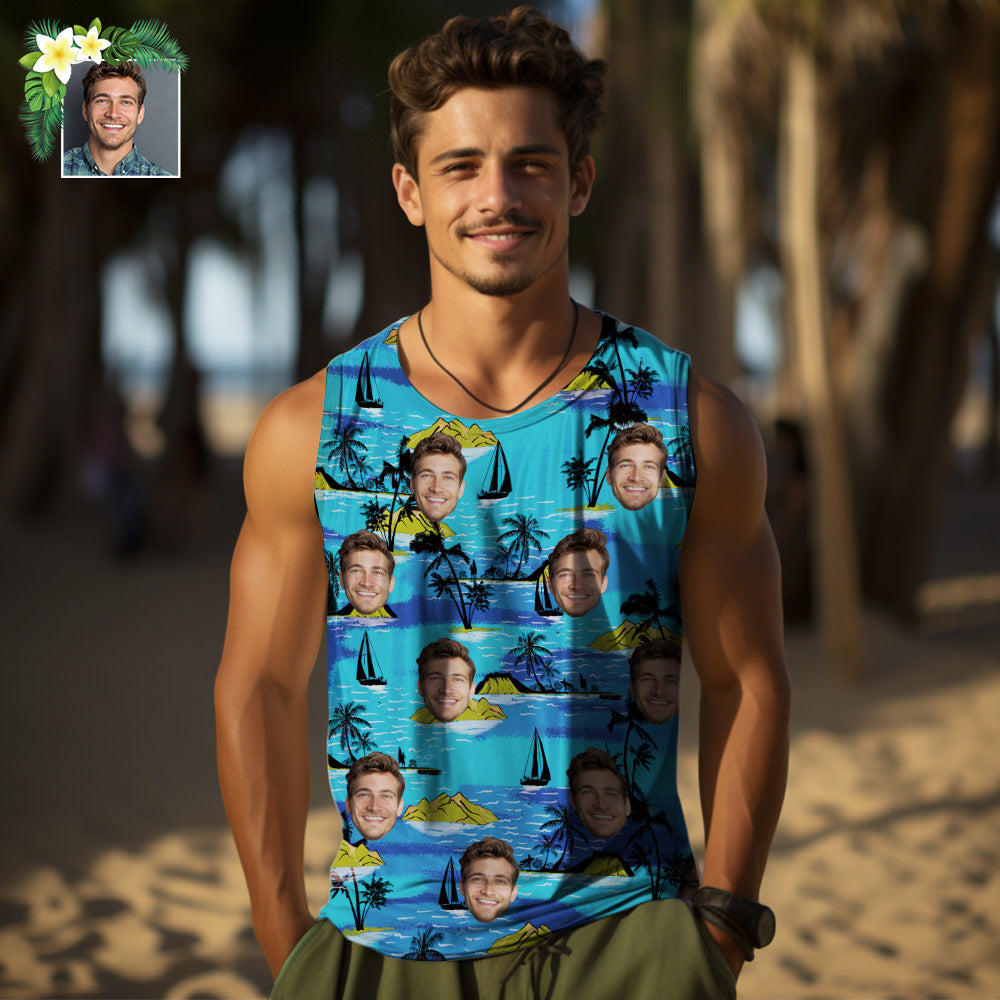 Custom Thick Face Tank Tops Men's Sleeveless Shirt Large Leaves - MyHawaiianShirtsAU