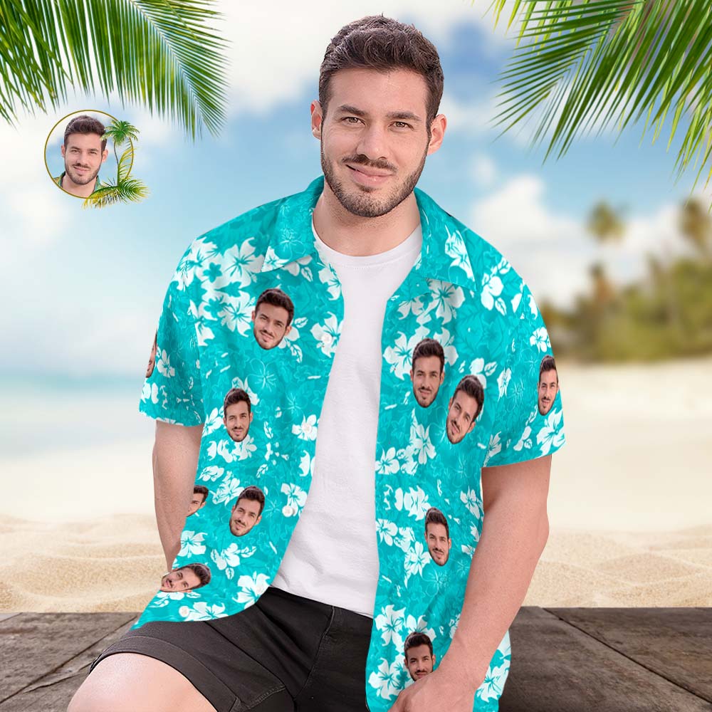Custom Face Hawaiian Shirt Men's All Over Print Aloha Shirt Gift - Blue - MyHawaiianShirtsAU