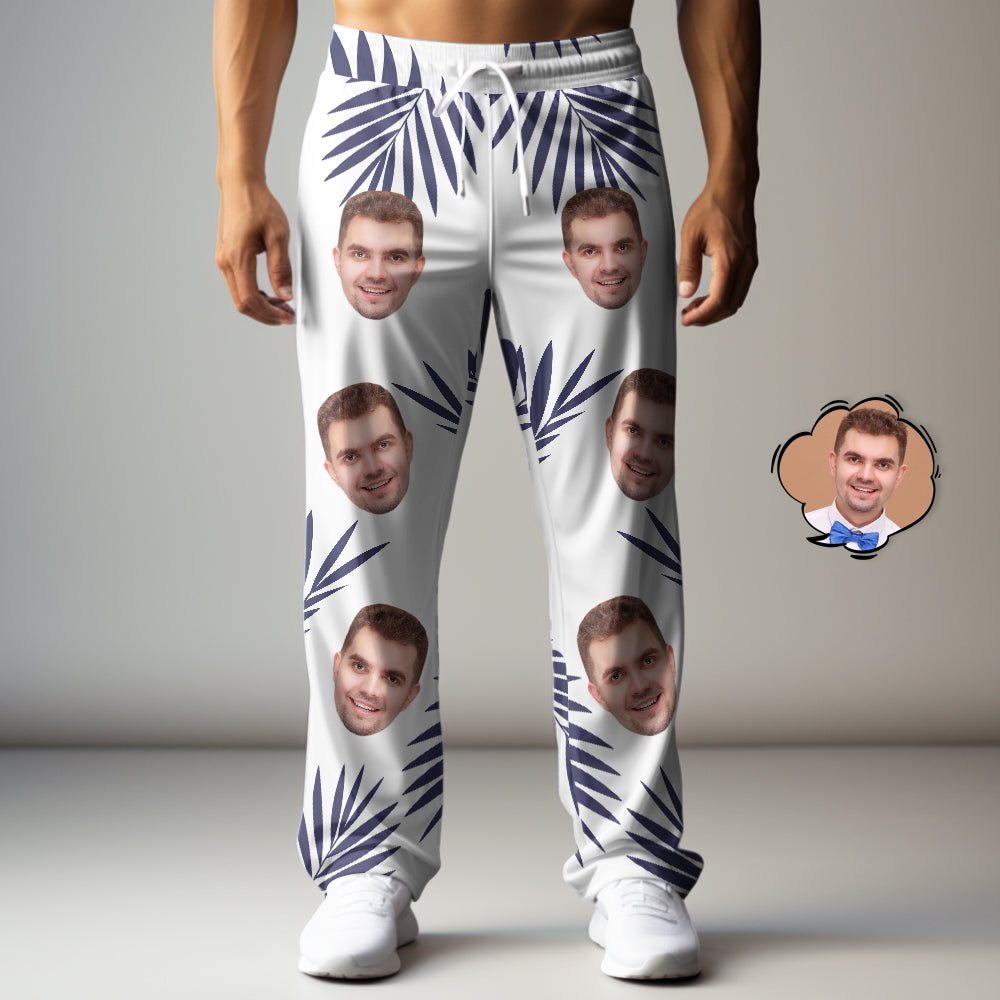 Custom Face Sweatpants Palm Leaf Print Multicolor Personalised Casual Golf Pants for Him - MyHawaiianShirtsAU
