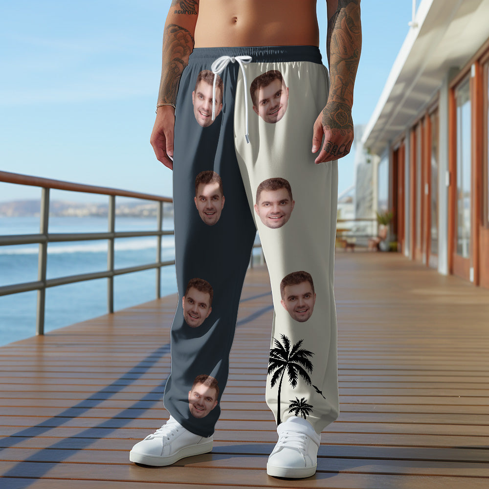 Custom Men's Face Sweatpants Coconut Tree Pattern Contrast Print Personalised Gift for Him