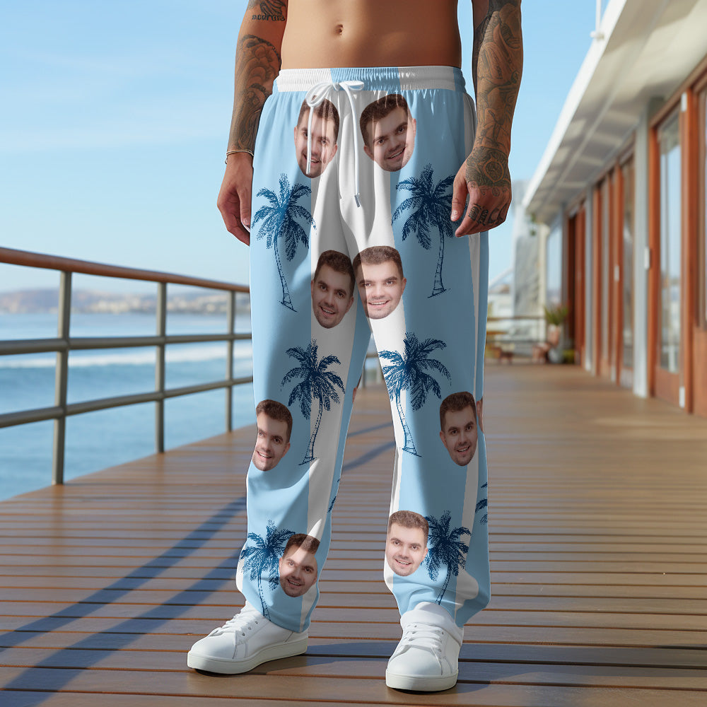 Custom Face Sweatpants Hawaiian Blue Patchwork Coconut Tree Print