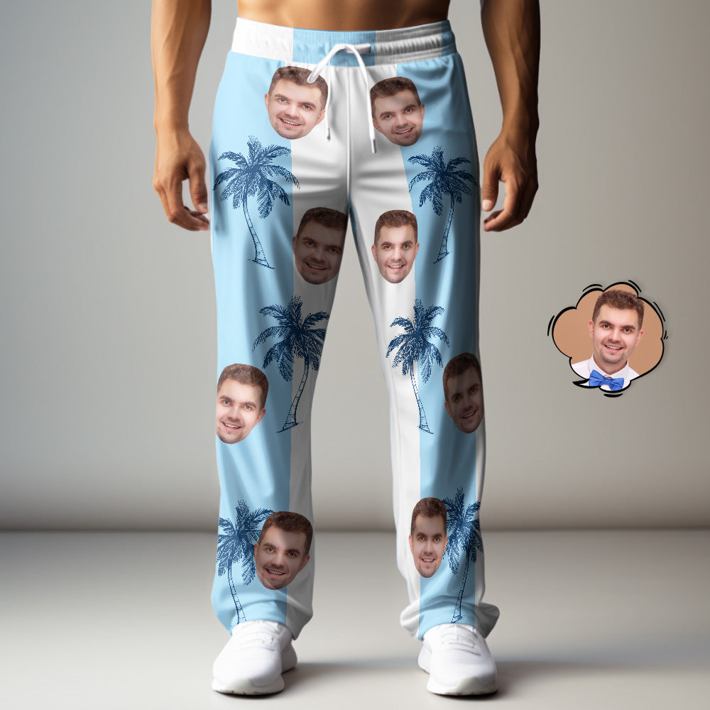 Custom Face Sweatpants Hawaiian Blue Patchwork Coconut Tree Print - MyHawaiianShirtsAU