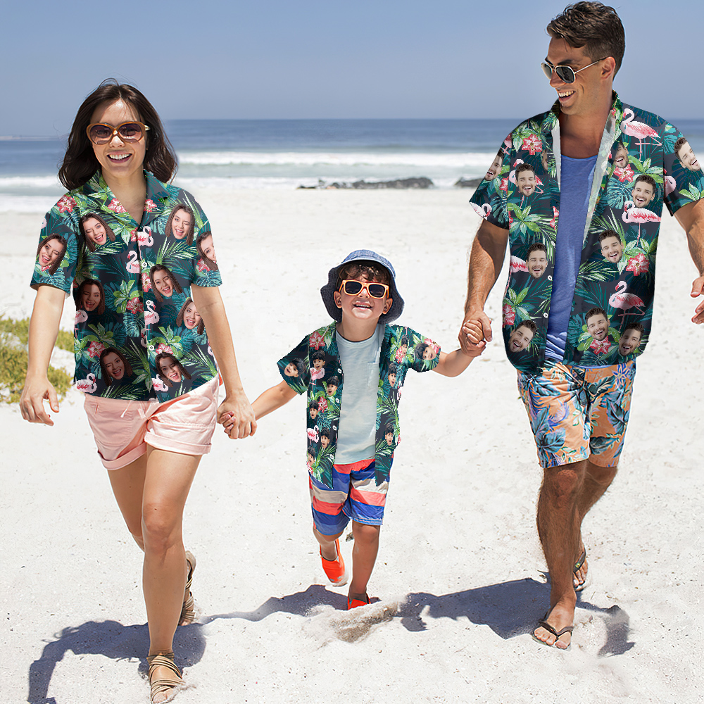 Christmas Family Custom Photo Hawaiian Shirt Parent-child Wears Personalised Face Hawaiian Shirt Gift Flamingo Flower