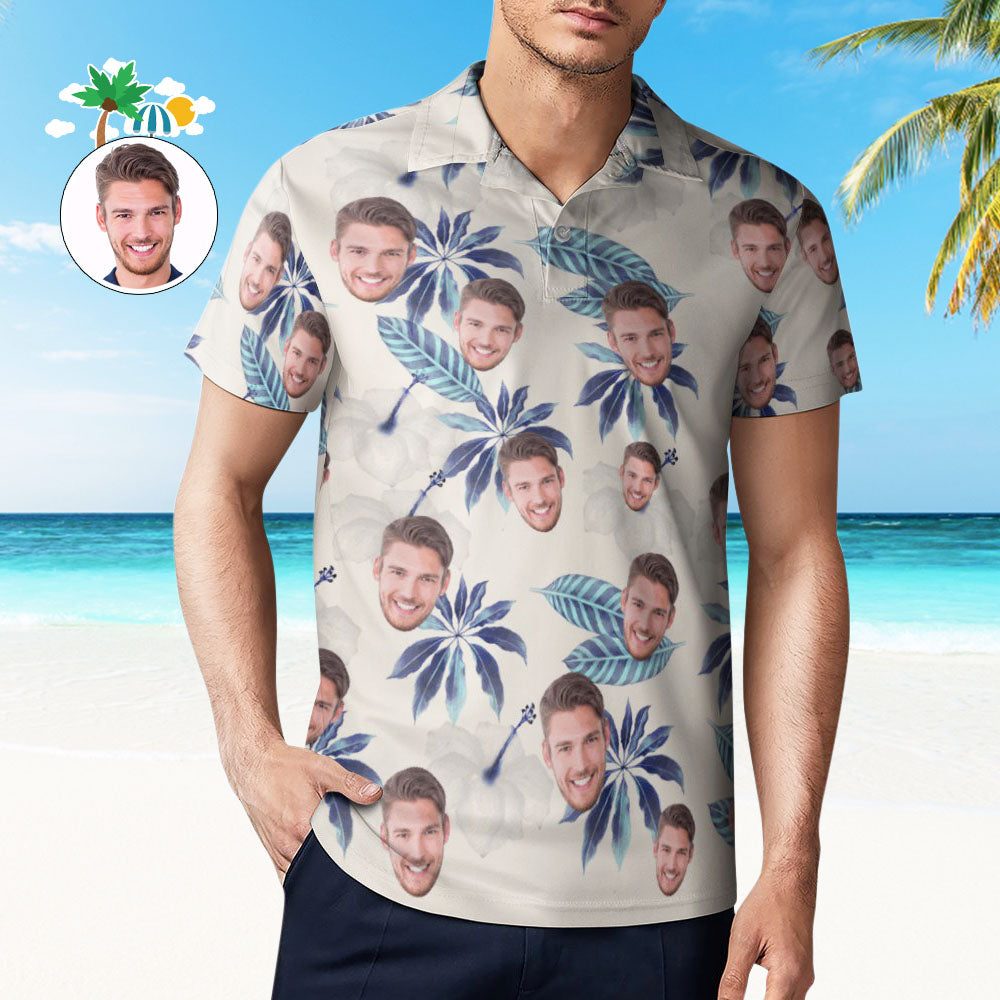 Custom Face Polo Shirt For Men Flowers and Leaves Personalized Hawaiian Golf Shirts