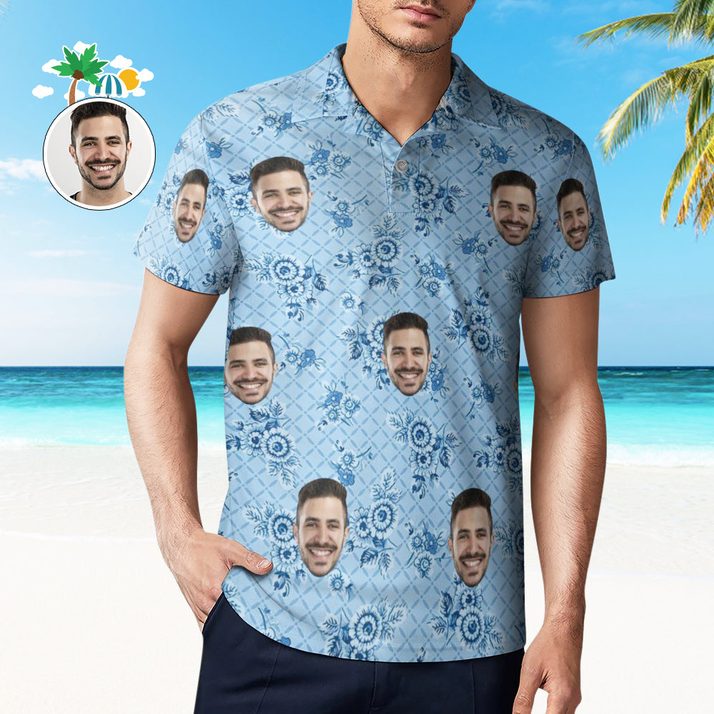 Custom Face Polo Shirt For Men Personalized Blossoms Hawaiian Golf Shirts