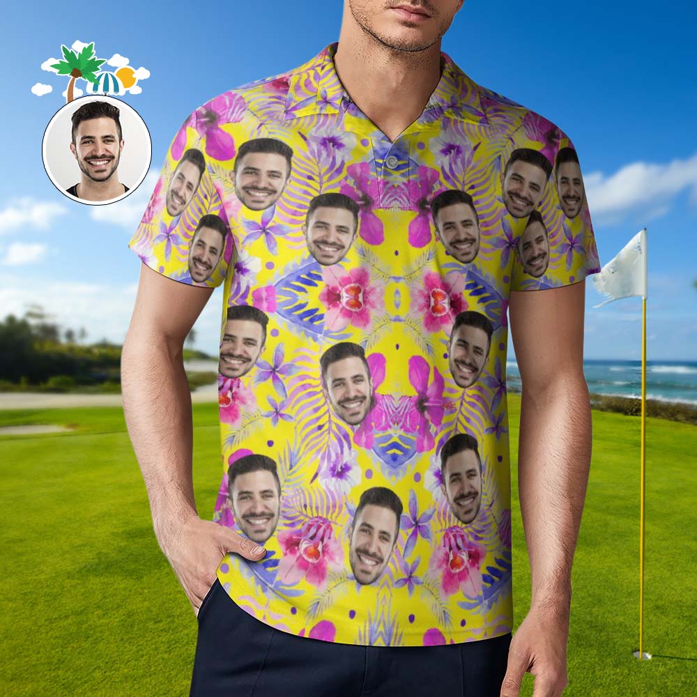 Custom Face Pink Hibiscus Polo Shirt For Men Personalized Hawaiian Golf Shirts - MyHawaiianShirtsAU