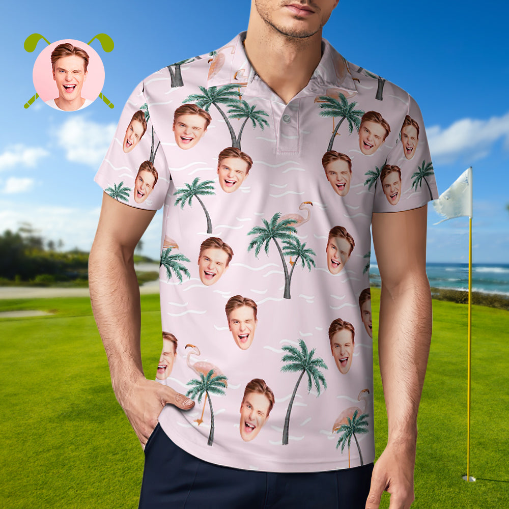 Men's Custom Face Polo Shirt Pink Flamingos Personalized Hawaiian Golf Shirts Gift for Him - MyHawaiianShirtsAU