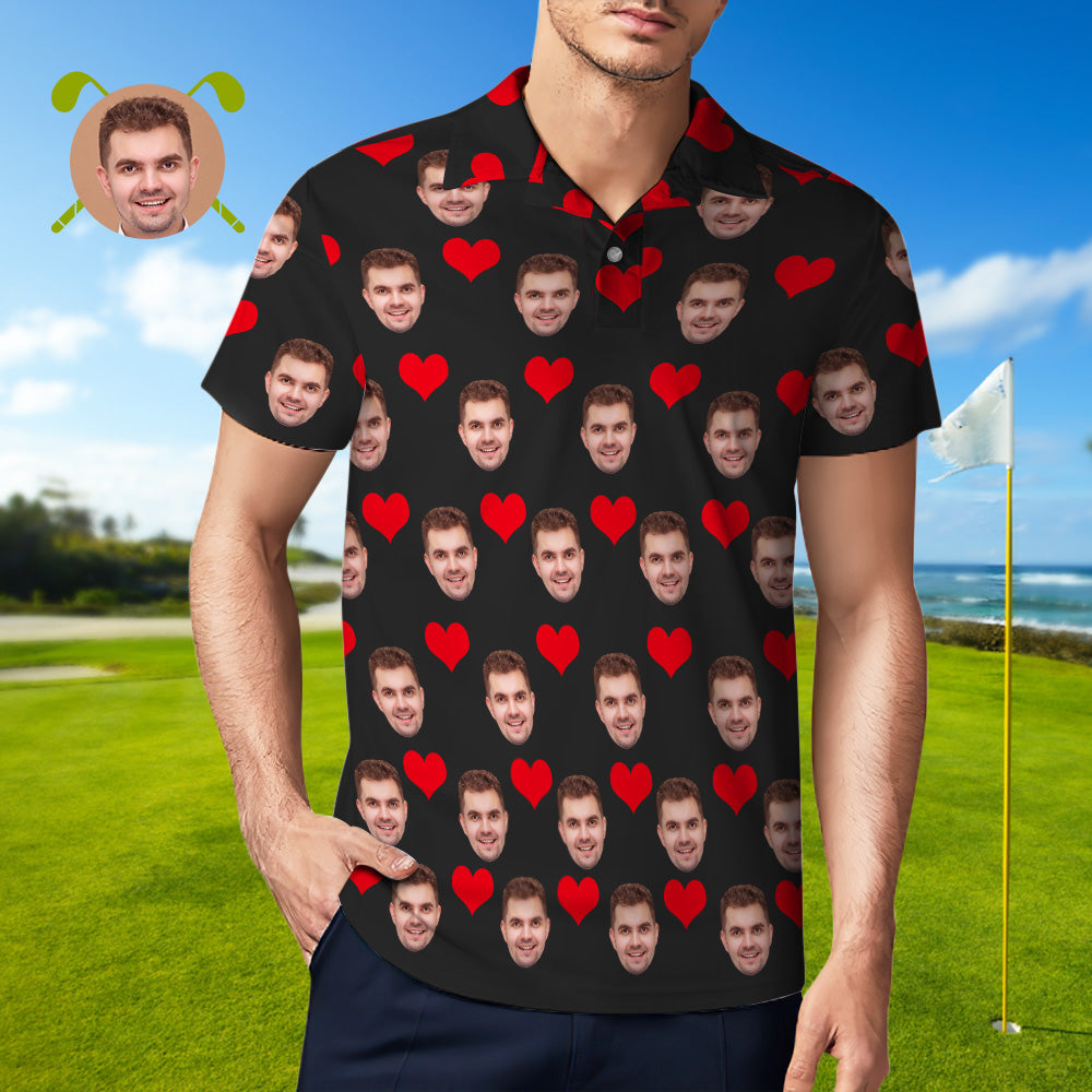 Men's Custom Face POLO Shirt Personalised Golf Shirts For Him Love Heart - MyHawaiianShirtsAU