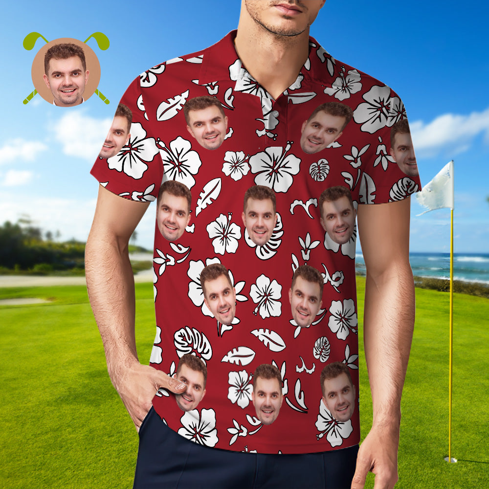 Men's Custom Face POLO Shirt Personalised Red Golf Shirts For Him White Leaves - MyHawaiianShirtsAU